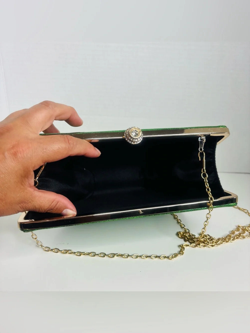 Green Velvet Half-Moon Clutch with Gold Chain
